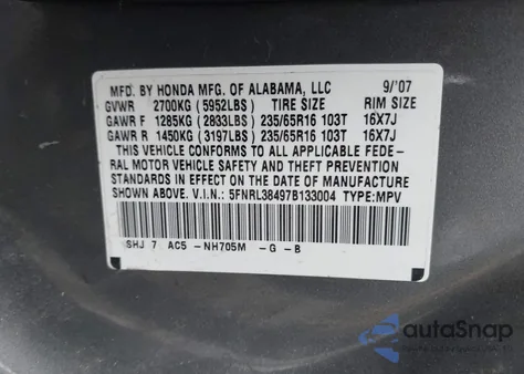 2007 Honda Odyssey Ex из США, поврежденный, VIN 5FNRL38497B133004